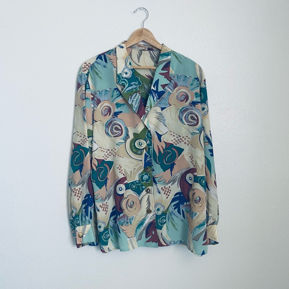 Felicias Abstract Button Down Shirt - Cream, Blue, Green Made in Germany